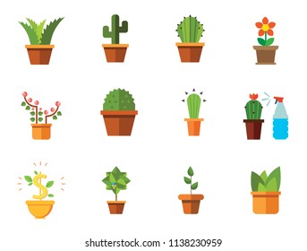 Growing Flowers Icon Set. Money Tree Cactus In Pot Cactus And Spray Bottle Plant Blooming Flower Chinese Peach Tree Cactus Red Flower Cactus In Flower Pot Tree In Pot Aloe Vera