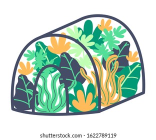 Growing flowers and plants in greenhouse. Spring garden, landscaping, early greenery. Protect plants from cold. Vector illustration