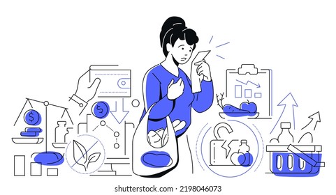 Growing Food Prices - Colorful Line Design Style Illustration On White Background. Header With Upset Woman In Grocery Store With Check In Hands. Economy Failure And Deteriorating Standard Of Living