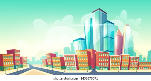 Growing future metropolis cartoon vector background with road near city old district houses, retro architecture buildings and new, modern skyscraper glass towers rising to sky in downtown illustration