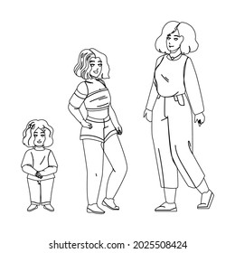 Growing Girl From Small Baby To Adult Woman Black Line Pencil Drawing Vector. Growing Girl, Cute Little Kid, Smiling Beautiful Teenager And Attractive Mature Lady. Character Life Cycle Illustration