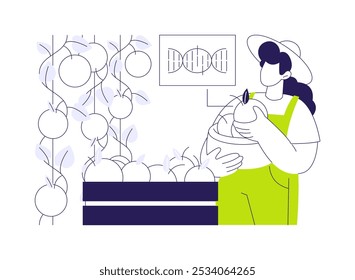 Growing GMO products abstract concept vector illustration. Biotechnologist with GMO vegetables, gene engineering, natural science, farming sector, genetically modified food abstract metaphor.