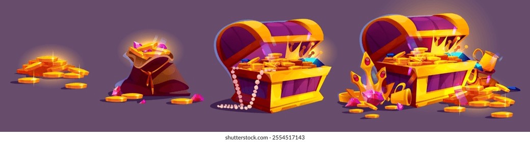 Growing gold and diamond treasure pile. Cartoon game assets of gems and coins stack, bag and old wooden chest full and overflowing. Fantasy adventure and pirate themed wealth element progress steps.