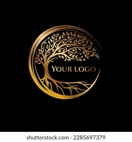 Growing golden tree with the leaves and roots  illustration inside a  circle