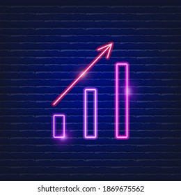 Growing graph and arrow neon icon. Glowing vector graphic illustration sign for website. Business concept.