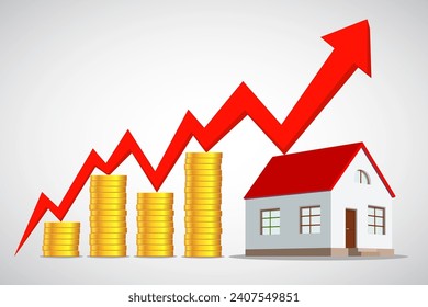 Growing graph arrow over stacks of money and houses. Stock vector illustration