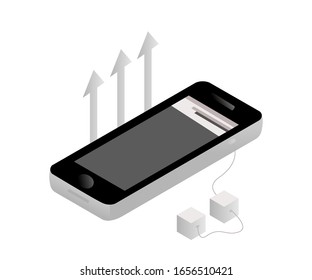 Growing graph, chart image with arrow up. Perspective view of a 3D vector phone on a white background. Illustration for presentations.   
