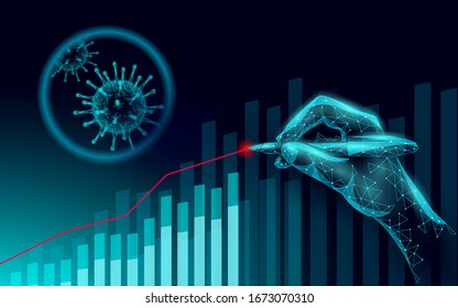 Growing Graph Coronavirus Stats. Infection Pneumonia Hazard Outbreak. 3D Hand Point Low Poly. International Design. Against Virus Epidemic Vector Illustration