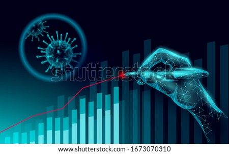 Growing graph coronavirus stats. Infection pneumonia hazard outbreak. 3D hand point low poly. International design. Against virus epidemic vector illustration