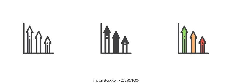 Juego de iconos de estilos diferentes en el gráfico de crecimiento. Versión de color de línea, glifo y contorno relleno, aumento del contorno de la gráfica de barras y signo vectorial relleno. Símbolo, ilustración del logotipo. Gráficos vectoriales