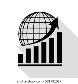 Growing graph with earth. Black icon with flat style shadow path.