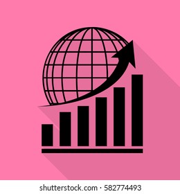 Growing graph with earth. Black icon with flat style shadow path on pink background.