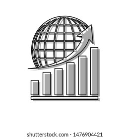 Growing graph with earth. Black line icon with gray shifted flat filled icon on white background. Illustration.