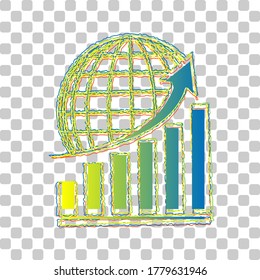 Gráfico creciente con tierra. Icono de degradado de azul a verde con cuatro contornos de ancho sobre fondo transparente elegante. Ilustración.