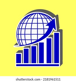 Growing graph with earth. Blue Icon with white stroke in 3d at yellow Background. Illustration.
