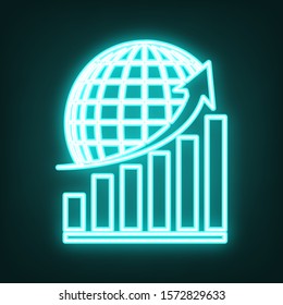 Growing graph with earth. Cyan neon icon in the dark. Bluring. Luminescence. Illustration.