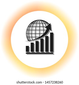Growing graph with earth. Dark icon with shadow on the glowing circle button. Illustration.