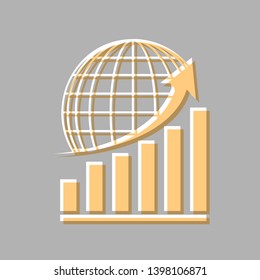 Growing graph with earth. Emboss effect with light orange icon on gray background.
