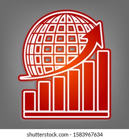 Growing graph with earth. Flat red icon with linear white icon with gray shadow at grayish background. Illustration.