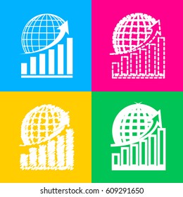 Growing graph with earth. Four styles of icon on four color squares.