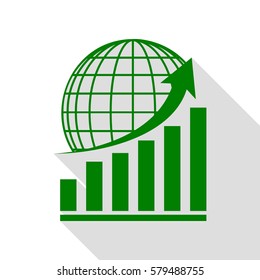 Growing graph with earth. Green icon with flat style shadow path.