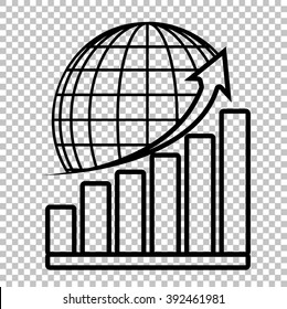 Growing graph with earth. Line icon on transparent background