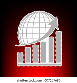 Growing graph with earth. Postage stam or old photo style on red-black gradient background.