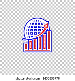 Growing graph with earth. Red, white and contour icon at transparent background. Illustration.