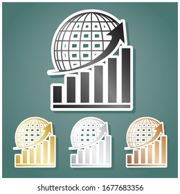 Growing graph with earth. Set of metallic Icons with gray, gold, silver and bronze gradient with white contour and shadow at viridan background. Illustration.