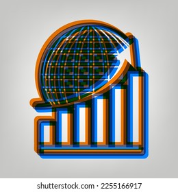 Growing graph with earth. Stroked Icon in orange, azure and old lavender Colors at gray Background. Illustration.