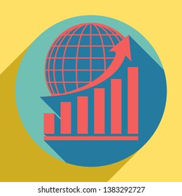 Growing graph with earth. Sunset orange icon with llapis lazuli shadow inside medium aquamarine circle with different goldenrod shadow at royal yellow background.