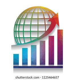 Growing graph with earth. Vector. Colorful icon with bright texture of mosaic with soft shadow on white background. Isolated.