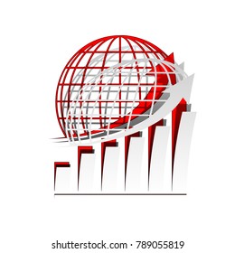 Growing graph with earth. Vector. Detachable paper icon with red body stock. Isolated.