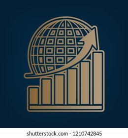 Growing graph with earth. Vector. Golden icon and border at dark cyan background.