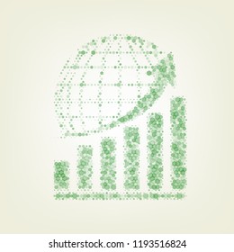 Growing graph with earth. Vector. Green hexagon rastered icon and noised opacity and size at light green background with central light.