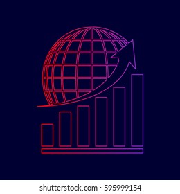 Growing graph with earth. Vector. Line icon with gradient from red to violet colors on dark blue background.