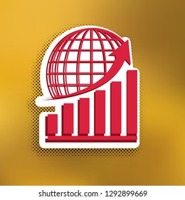 Growing graph with earth. Vector. Magenta icon with darker shadow, white sticker and black popart shadow on golden background.