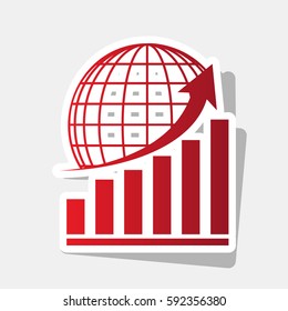 Growing graph with earth. Vector. New year reddish icon with outside stroke and gray shadow on light gray background.