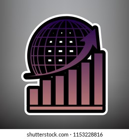 Growing graph with earth. Vector. Violet gradient icon with black and white linear edges at gray background.