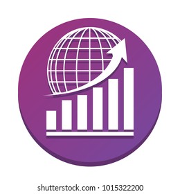 Growing graph with earth. Vector. White icon with flat shadow on purpureus circle at white background. Isolated.