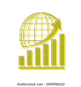 Growing graph with earth. Vector. Yellow icon with square pattern duplicate at white background. Isolated.
