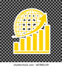Growing graph with earth. Vector. Yellow icon with white contour on dark transparent background.