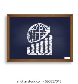 Growing graph with earth. White chalk icon on blue school board with shadow as background. Isolated.