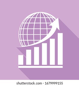 Gráfico en crecimiento con tierra. Icono blanco con una larga sombra en fondo morado.  Ilustración.