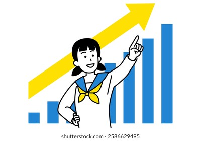 Growing graph and female student pointing into the distance