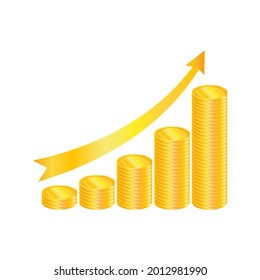 A growing graph of the financial growth of the wealth of gold coins on a white background. A vector image.