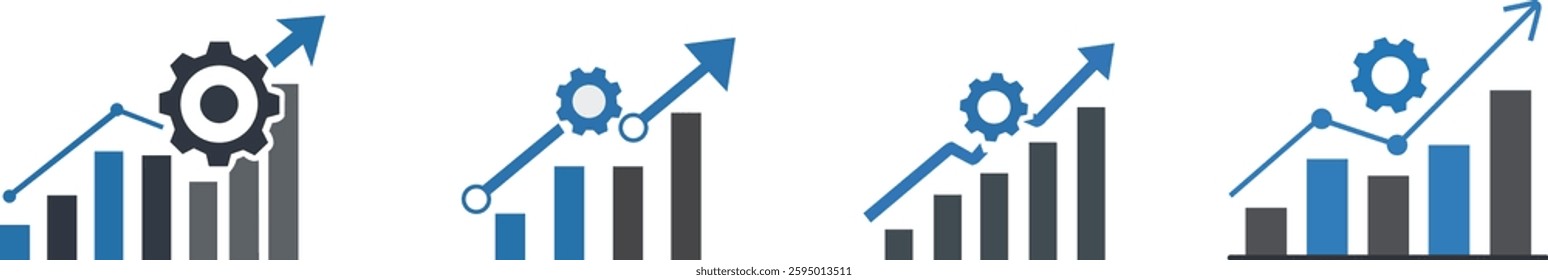Growing Graph with Gear Icon Vector Set. Symbolizing business growth, progress, and development. Editable vector illustrations