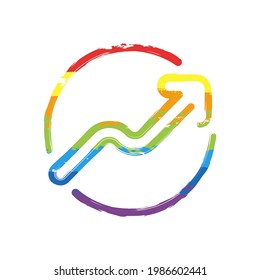 Gráfico de crecimiento, flecha de crecimiento, aumento de negocios, éxito económico. Signo de dibujo con estilo LGBT, siete colores arcoiris (rojo, naranja, amarillo, verde, azul, índigo, violeta)