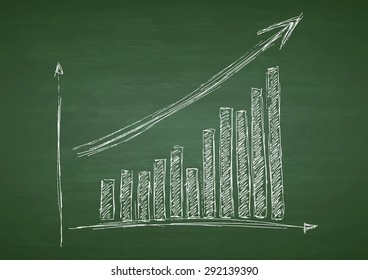 Growing graph hand drawing with arrow on green chalkboard. Vector design