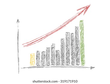 Growing graph hand drawing with arrow isolated on white. Vector design